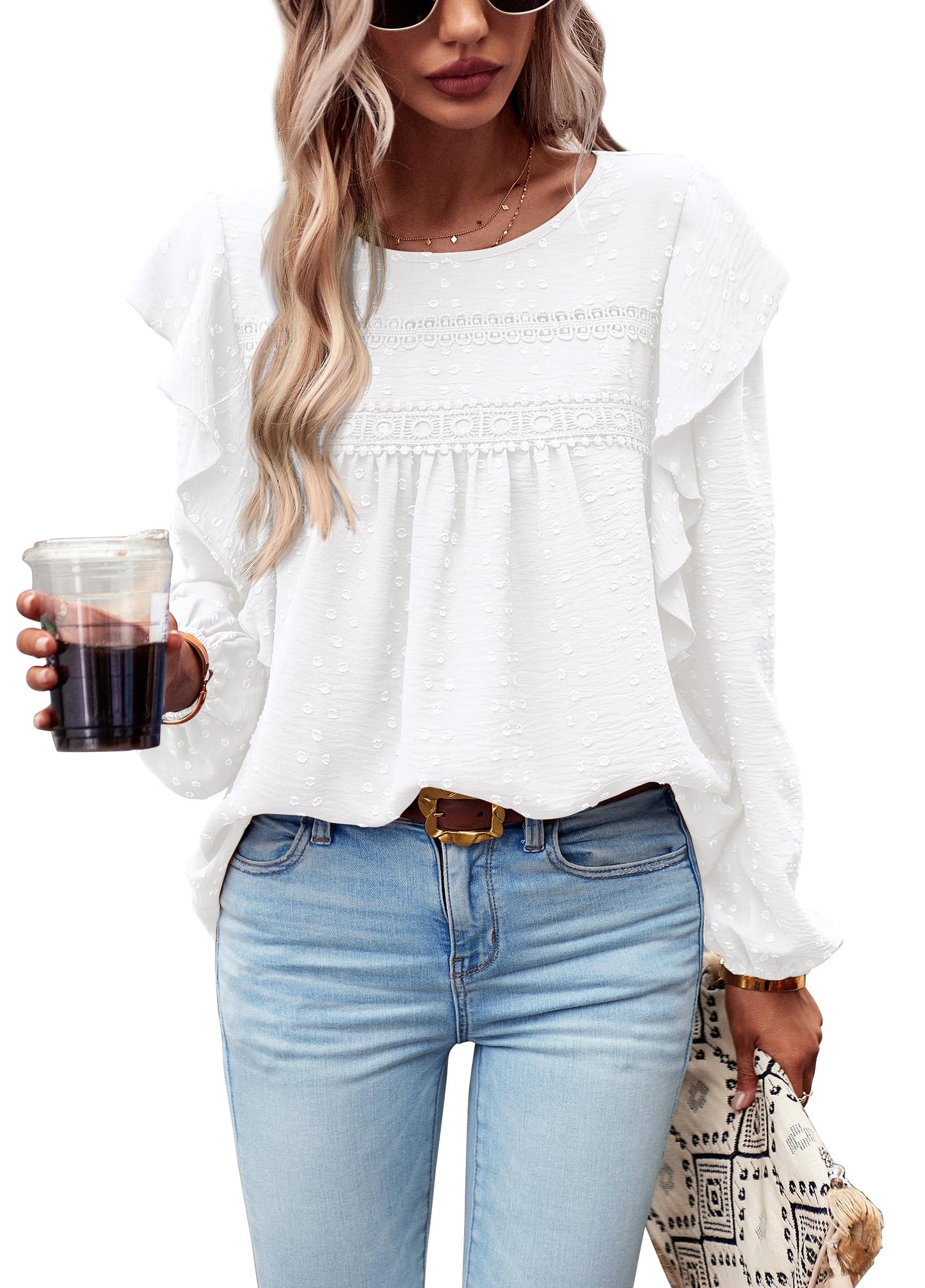 Women's Long Sleeve Blouses Ruffle Swiss Dot Crochet Loose Fit