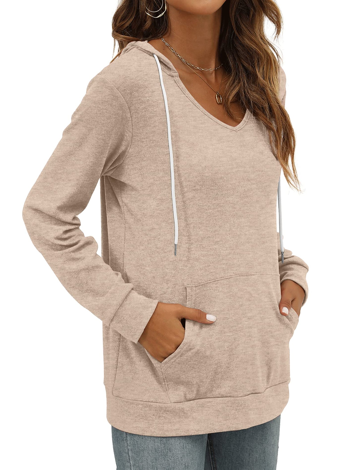 Pocket Hoodies for Womens V Neck Lightweight Sweatshirts Long Sleeve Tops