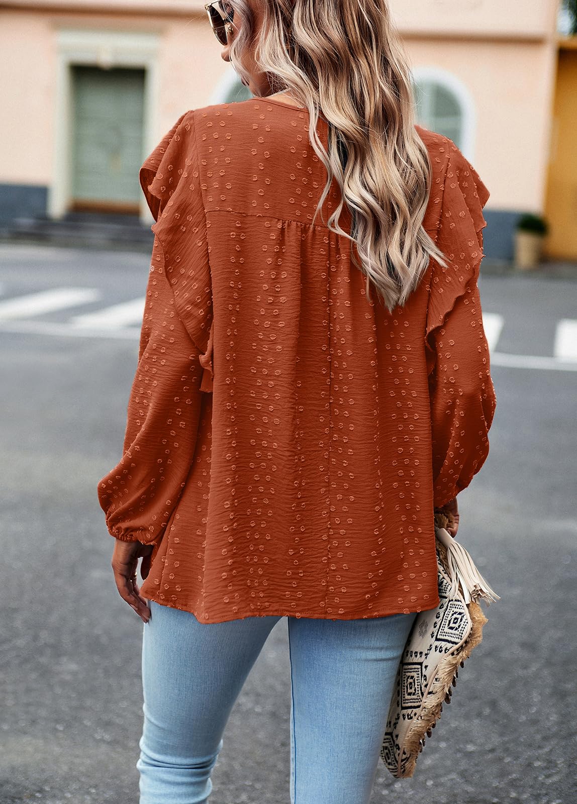 Women's Long Sleeve Blouses Ruffle Swiss Dot Crochet Loose Fit