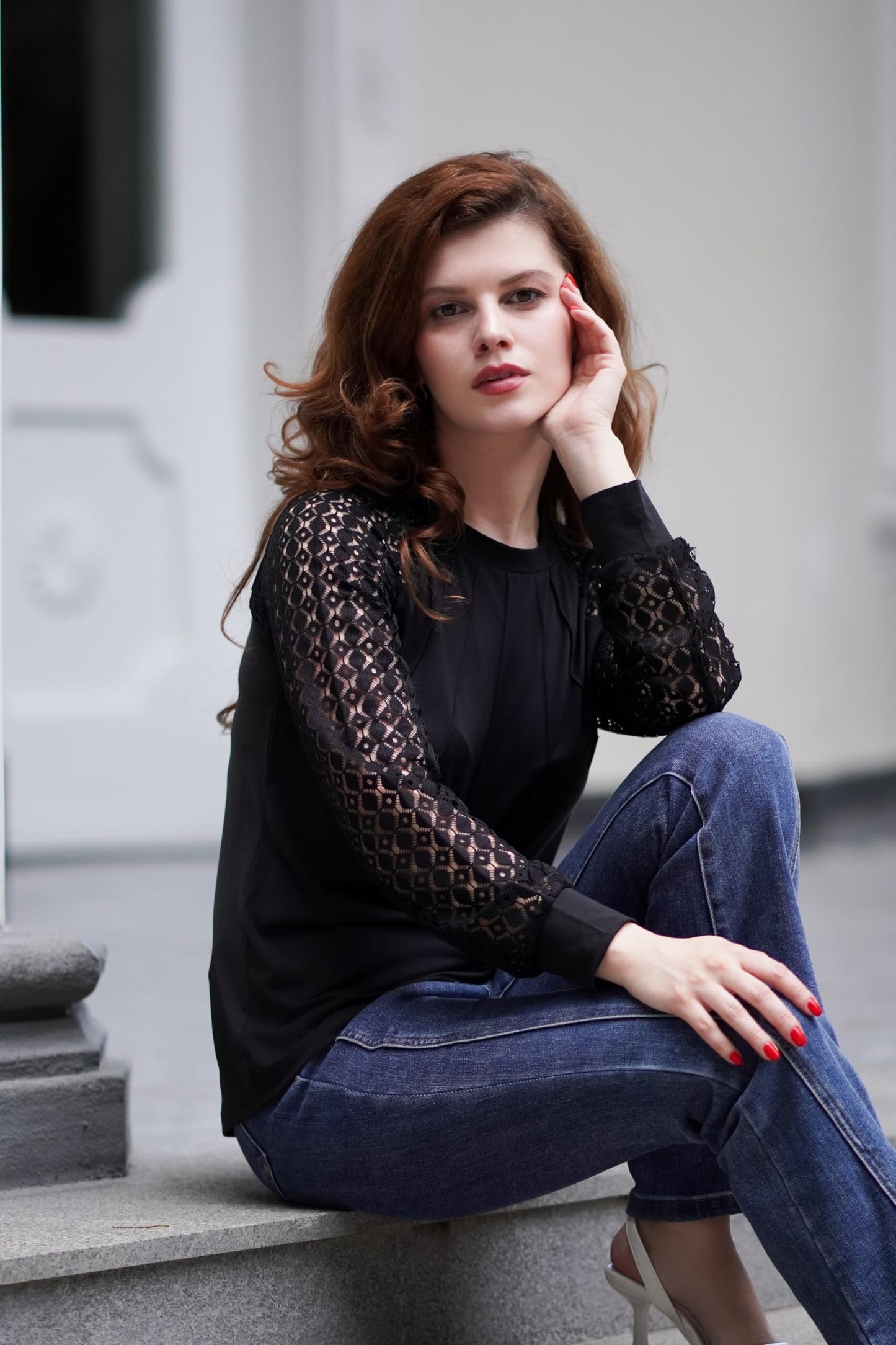 Women's Lace Long Sleeve Tops Dressy Business Casual Blouses Front Pleated Work Shirts