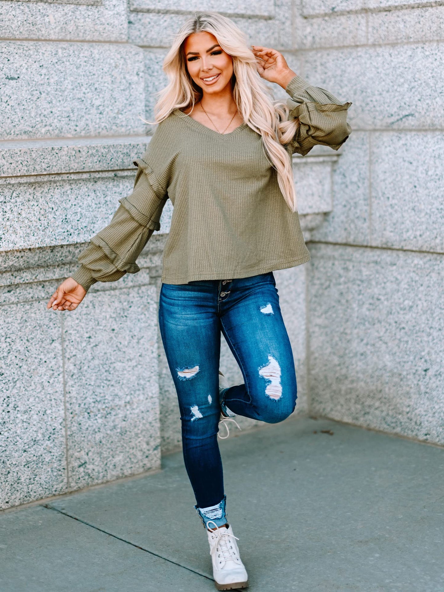 Women’s V Neck Long Sleeve Blouse Loose Fit Tunics Ruffles Off Shoulder Waffle Knit Solid Color Tops