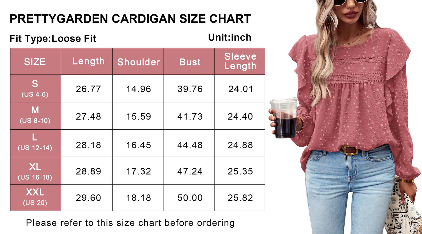 Women's Long Sleeve Blouses Ruffle Swiss Dot Crochet Loose Fit