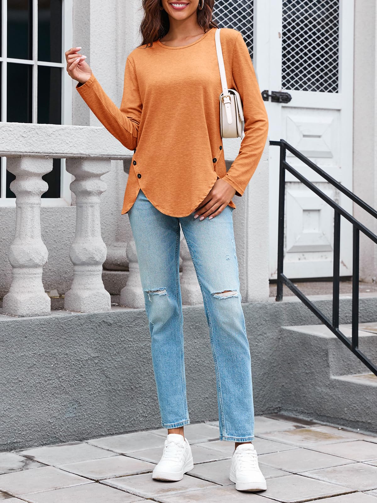 Womens Casual Long Sleeve Tunic Shirts Round Neck Button Side Blouses Tops