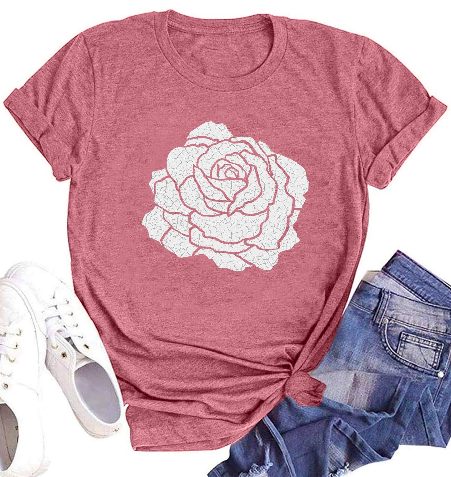 Rose Shirt for Women Flower Graphic Tee Vintage Roses T Shirts Women Loose Fit Rose Tops Short Sleeve