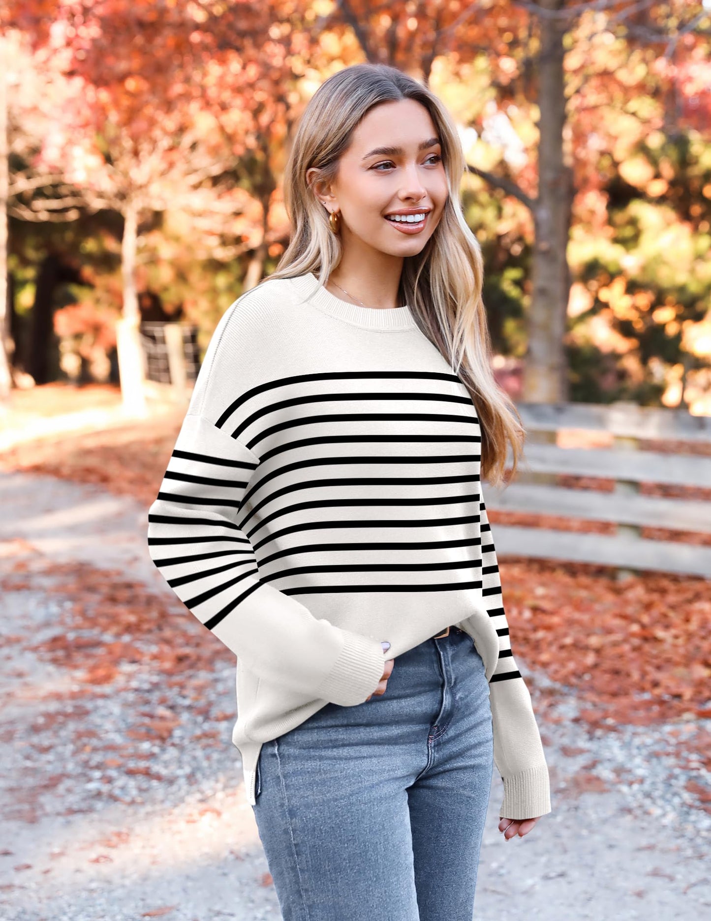 Womens Crewneck Pullover Sweater Long Sleeve Knit Side Slit
