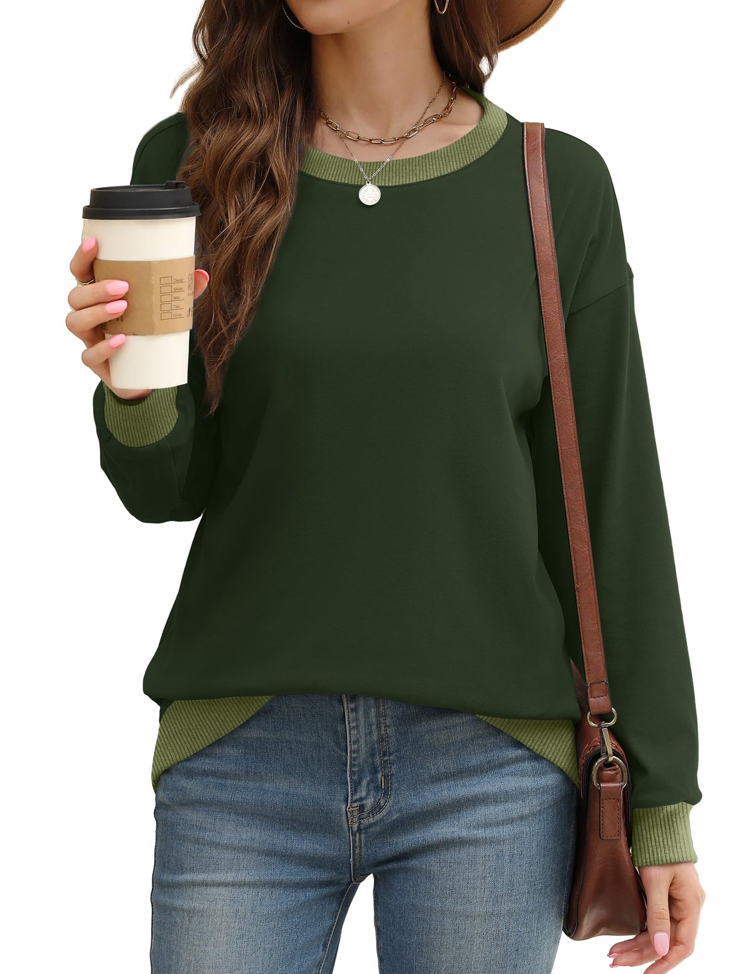 Sweatshirts for Women Crewneck Long Sleeve Loose Fit Tops Color Block Ribbed Trim Fashion