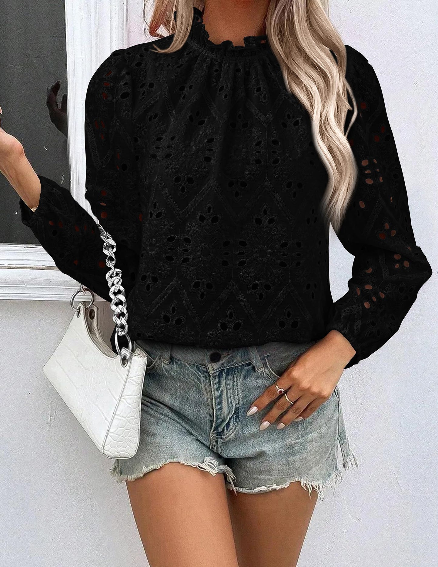 Women’s Blouses Dressy Casual Embroidered Long Puff Sleeve Shirts Ruffle Eyelet Lace Top