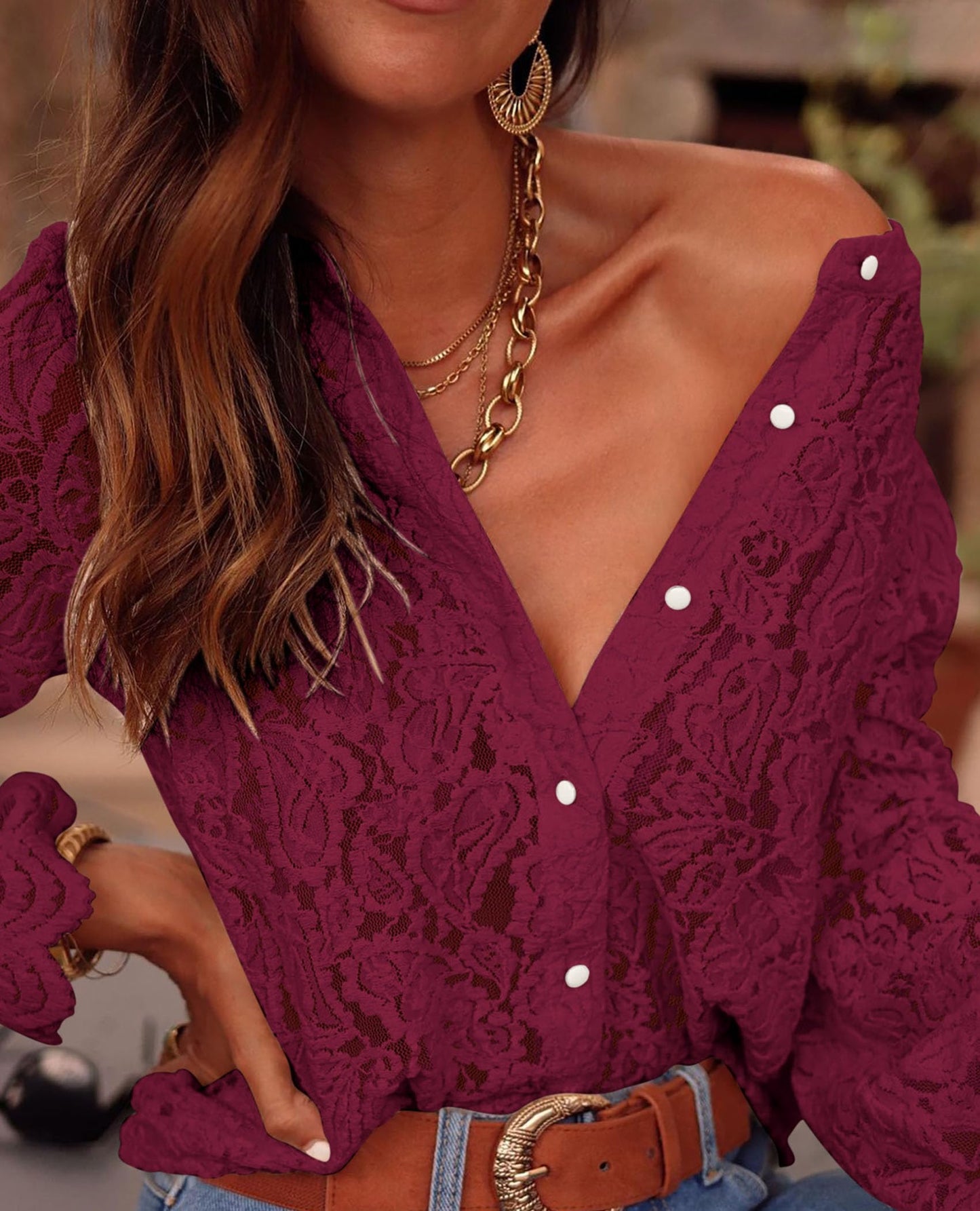 Women's Dressy Casual Lace Blouse Long Sleeve Button Up Shirts Tops