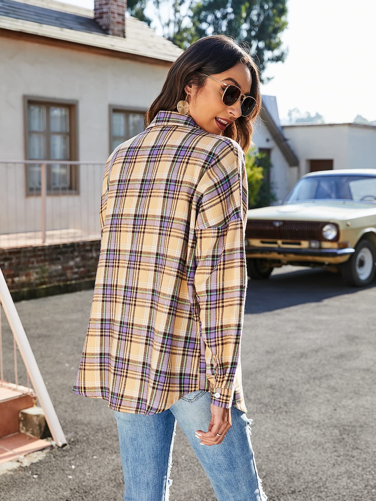 Women's Button Down Flannel Shirts Plaid Shacket Long Sleeve Collared Business Casual Tops Work Blouses