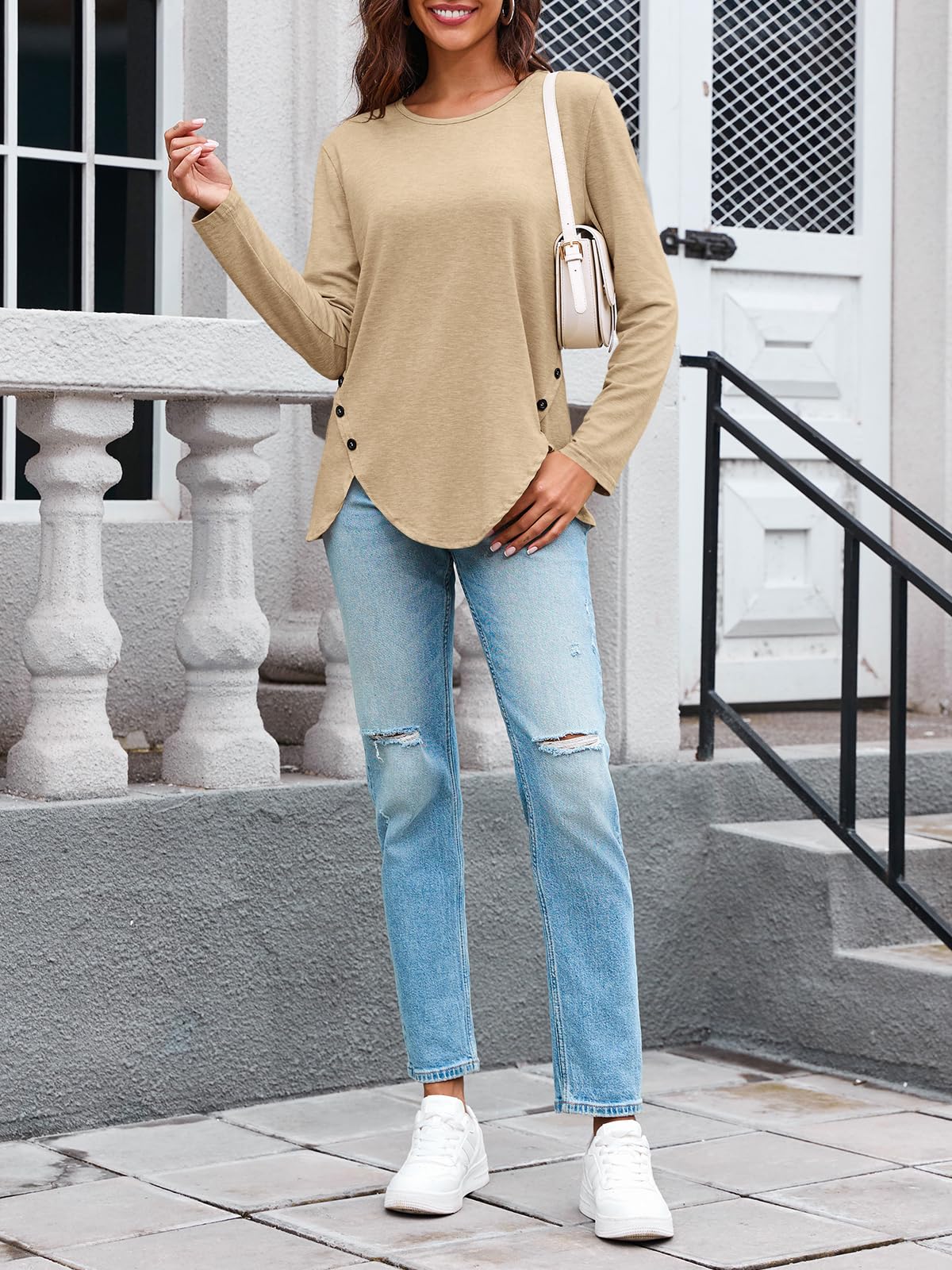 Womens Casual Long Sleeve Tunic Shirts Round Neck Button Side Blouses Tops