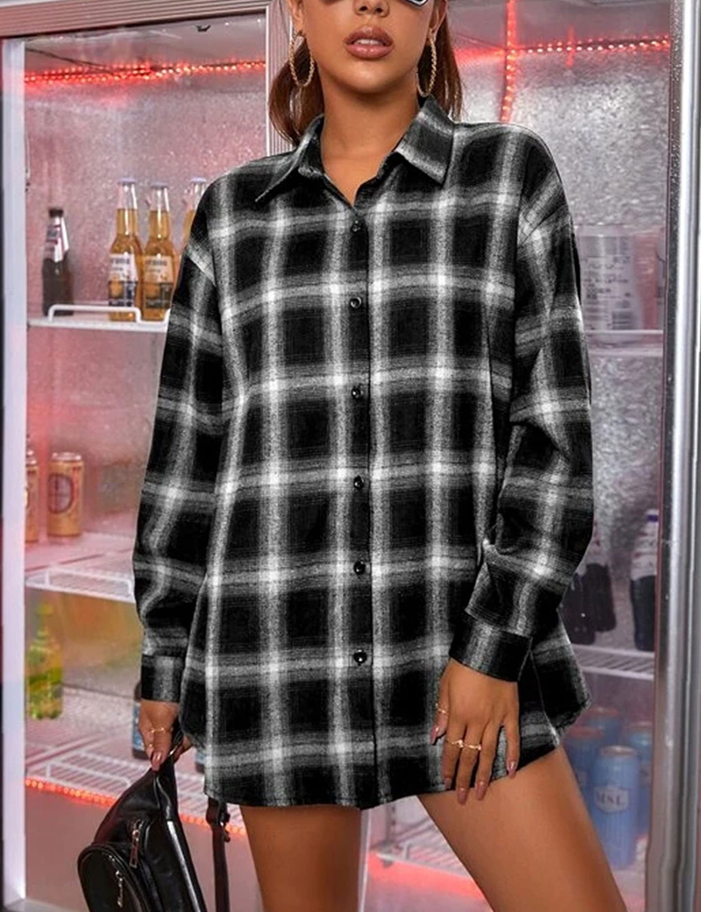 Plaid Flannel Shirts for Women Oversized Long Sleeve Button Down Buffalo Plaid Shirt Blouse Tops