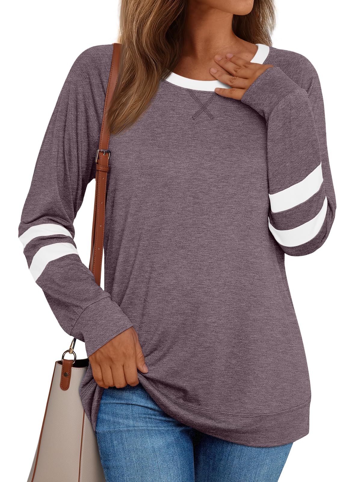 Womens Long Sleeve Shirts Color Block Casual Crewneck Tops Tshirt