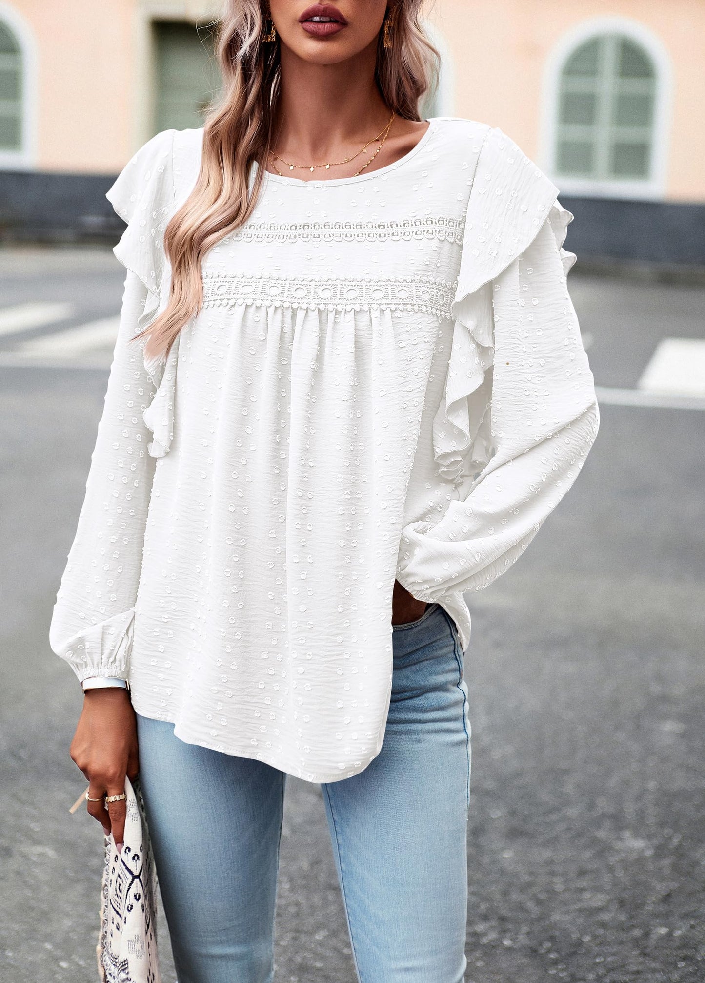 Women's Long Sleeve Blouses Ruffle Swiss Dot Crochet Loose Fit
