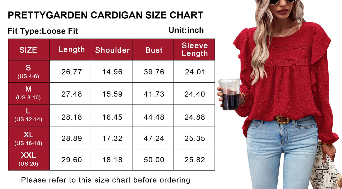 Women's Long Sleeve Blouses Ruffle Swiss Dot Crochet Loose Fit