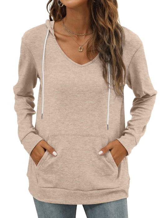 Pocket Hoodies for Womens V Neck Lightweight Sweatshirts Long Sleeve Tops
