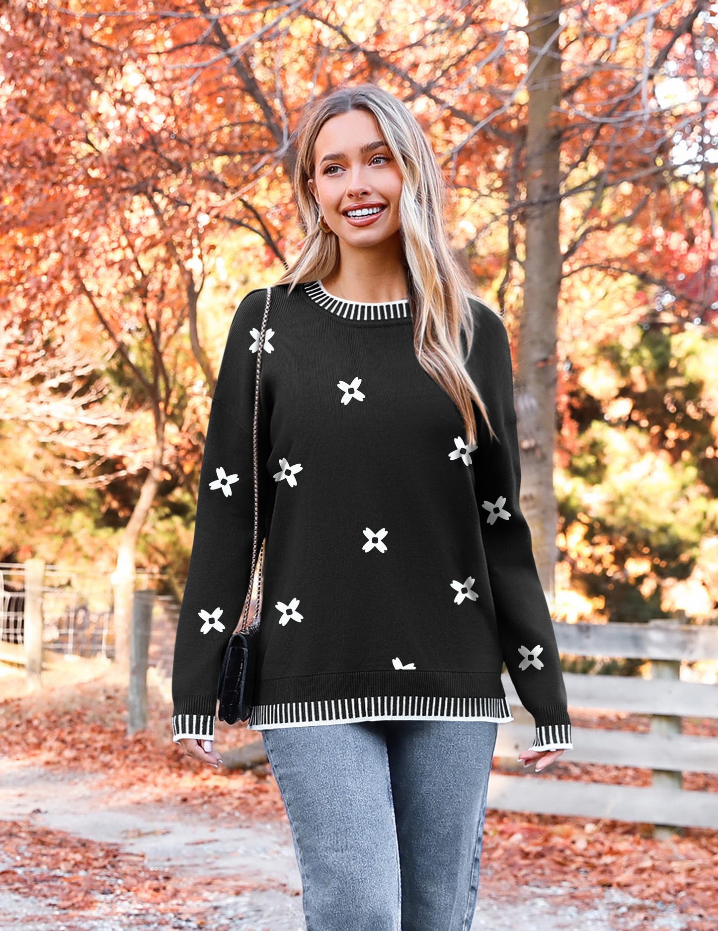 Womens Crewneck Pullover Sweater Long Sleeve Knit Side Slit