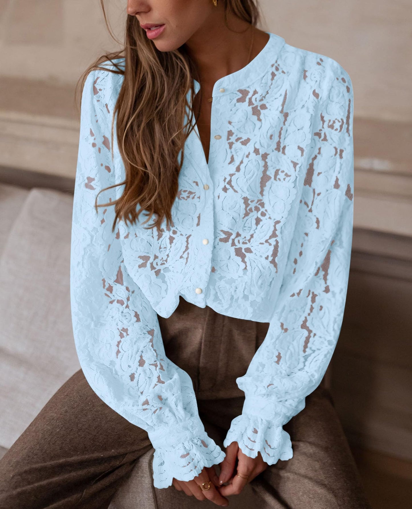 Women's Dressy Casual Lace Blouse Long Sleeve Button Up Shirts Tops