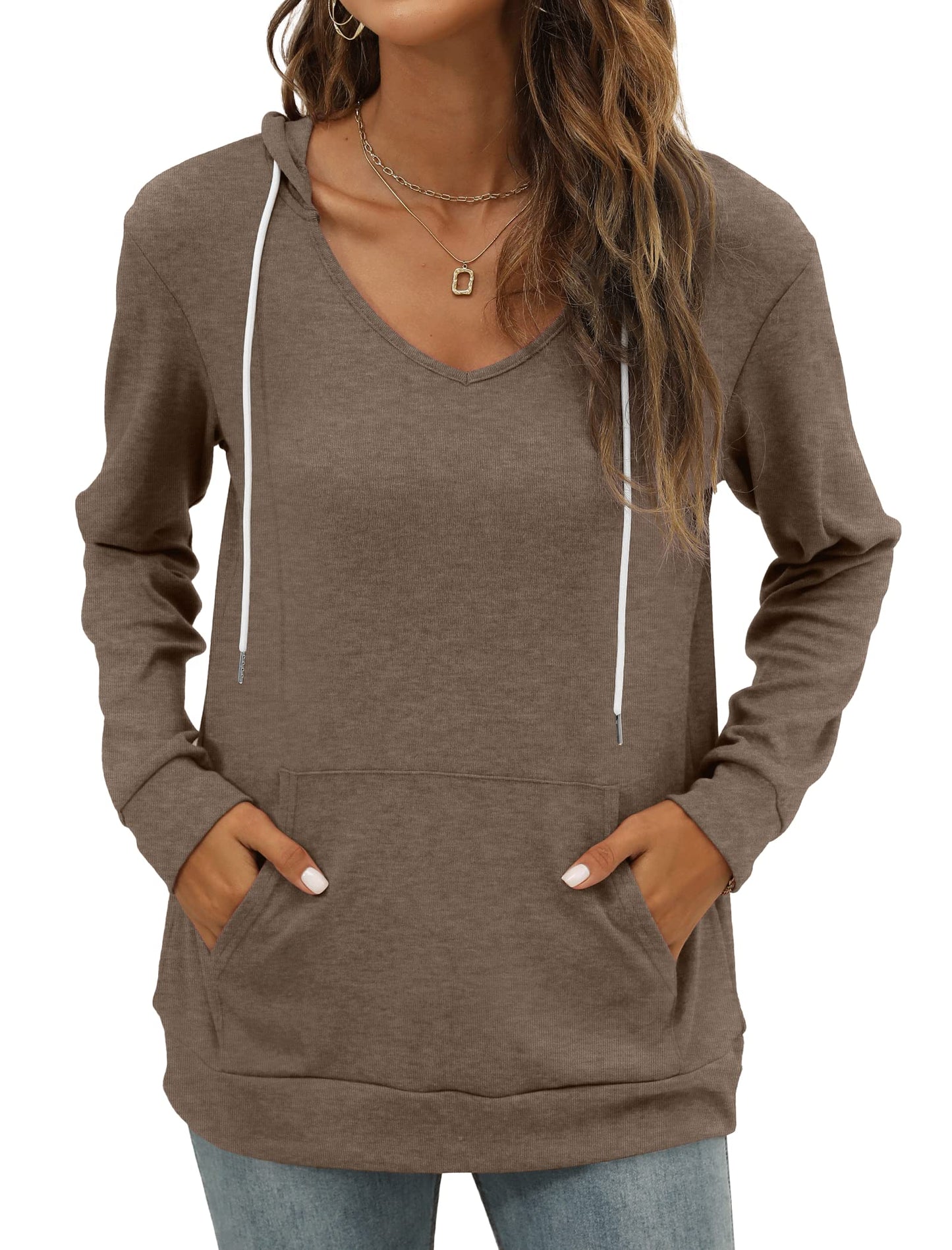 Pocket Hoodies for Womens V Neck Lightweight Sweatshirts Long Sleeve Tops