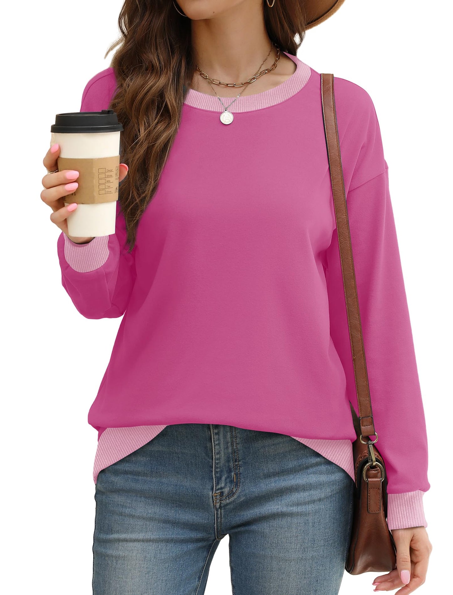 Sweatshirts for Women Crewneck Long Sleeve Loose Fit Tops Color Block Ribbed Trim Fashion