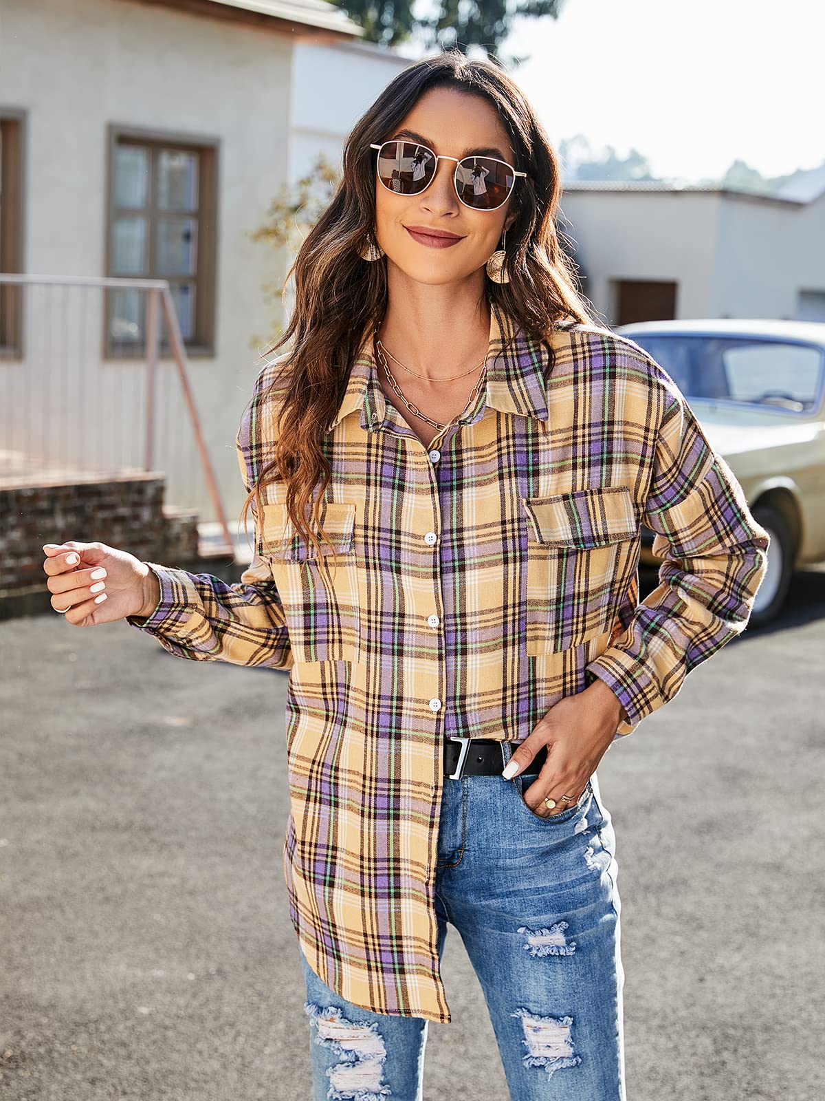 Women's Button Down Flannel Shirts Plaid Shacket Long Sleeve Collared Business Casual Tops Work Blouses