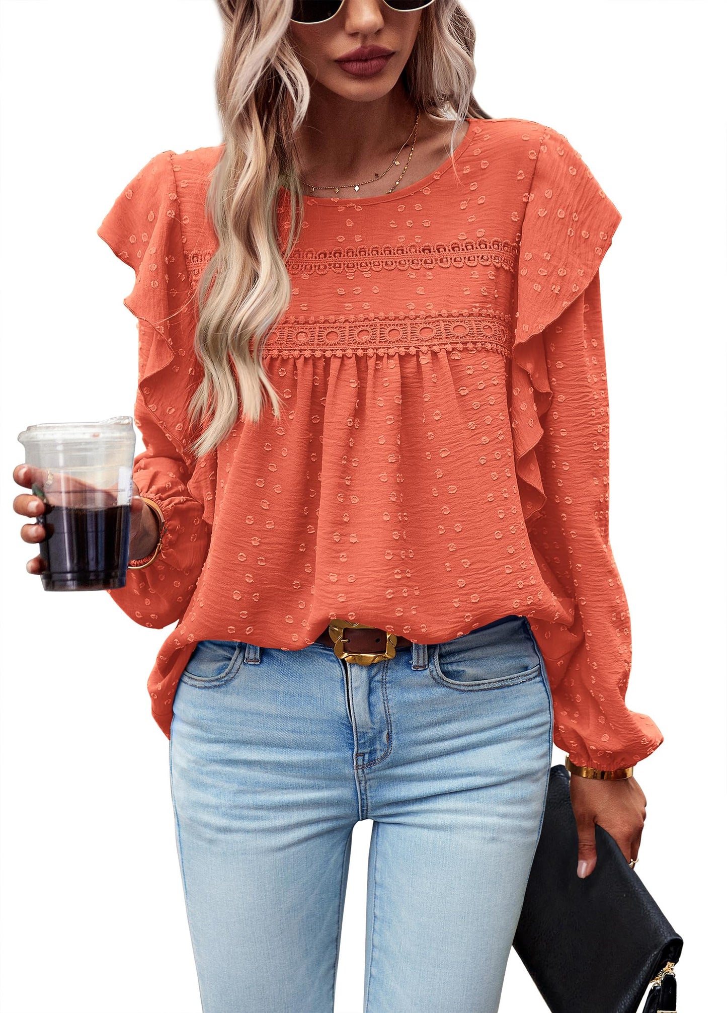Women's Long Sleeve Blouses Ruffle Swiss Dot Crochet Loose Fit