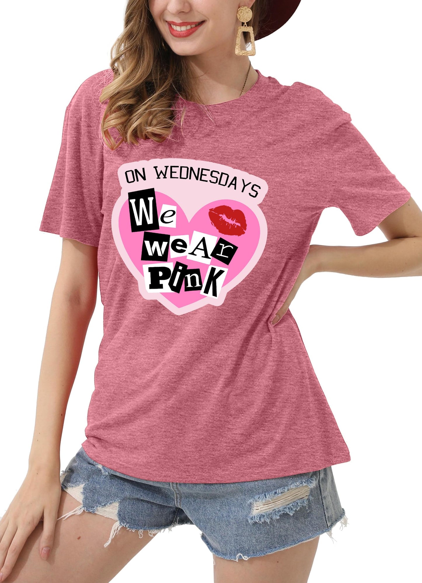 On Wednesday We Wear Pink Shirt Women Breast Cancer T Shirt Short Sleeve Print Tees Gifts for Girls Matching Outfits Top