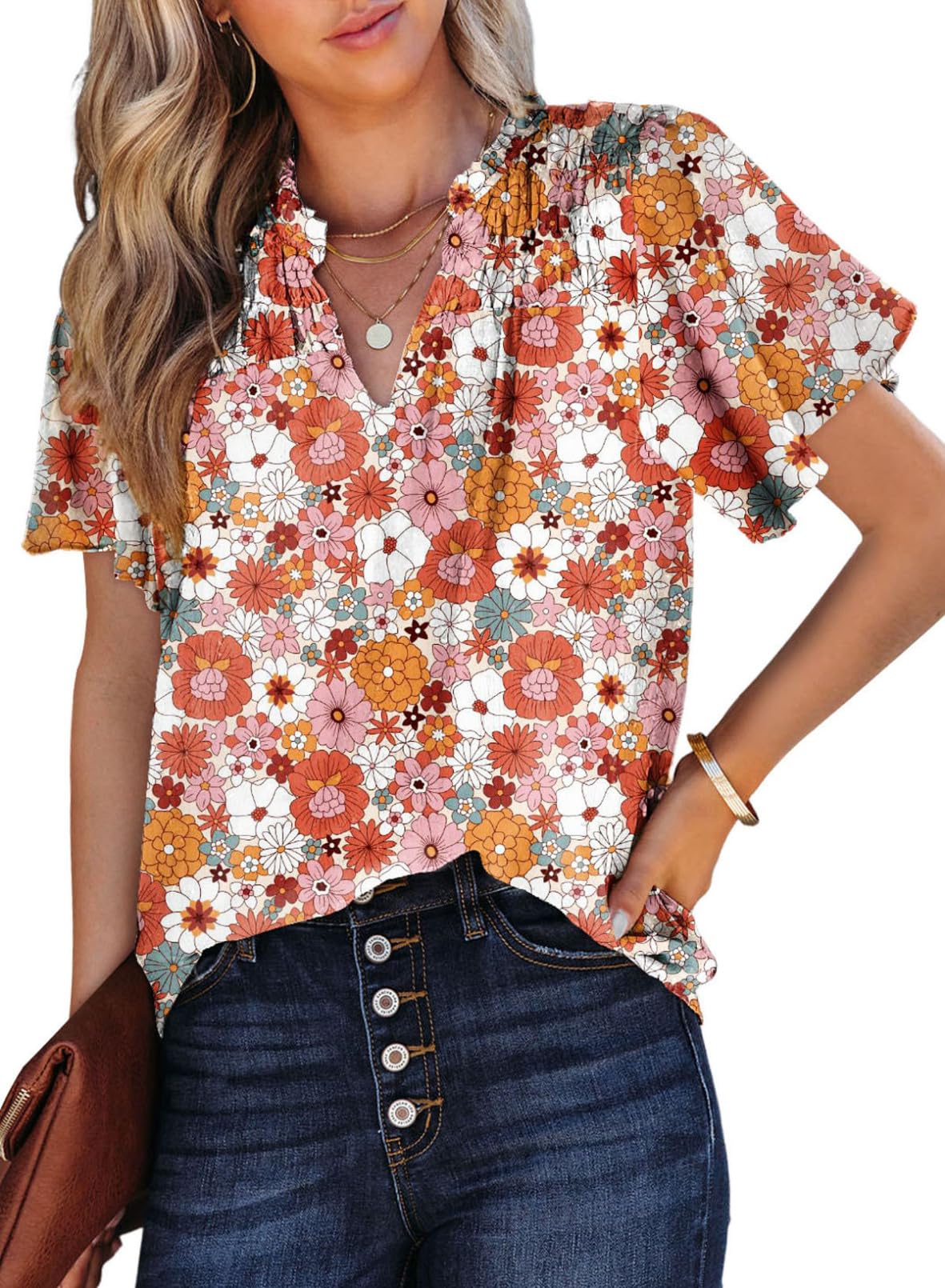 Women's Casual V Neck Floral Print Smocked Short Sleeve Chiffon Blouses Bohemian Top Shirts