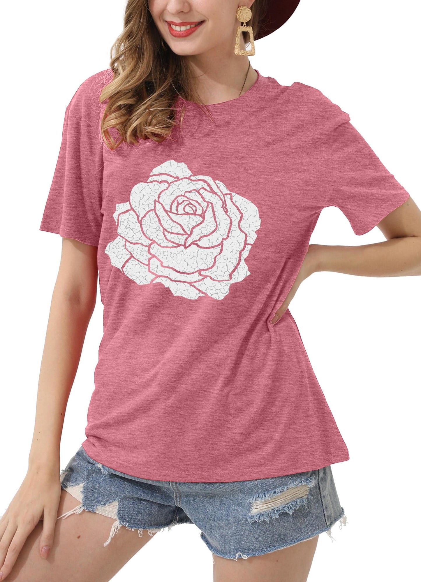 Rose Shirt for Women Flower Graphic Tee Vintage Roses T Shirts Women Loose Fit Rose Tops Short Sleeve