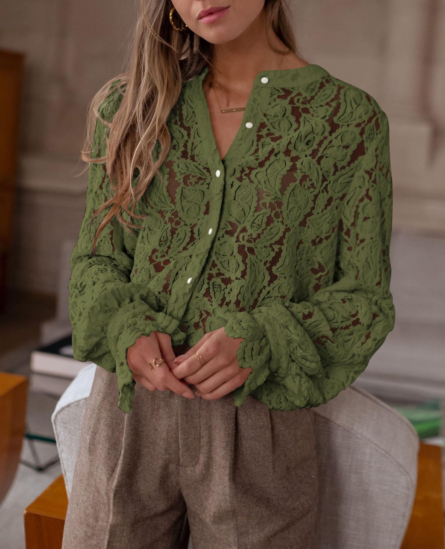 Women's Dressy Casual Lace Blouse Long Sleeve Button Up Shirts Tops