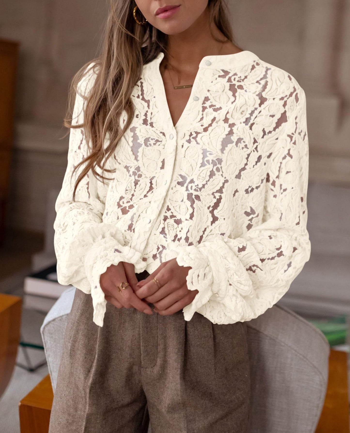 Women's Dressy Casual Lace Blouse Long Sleeve Button Up Shirts Tops