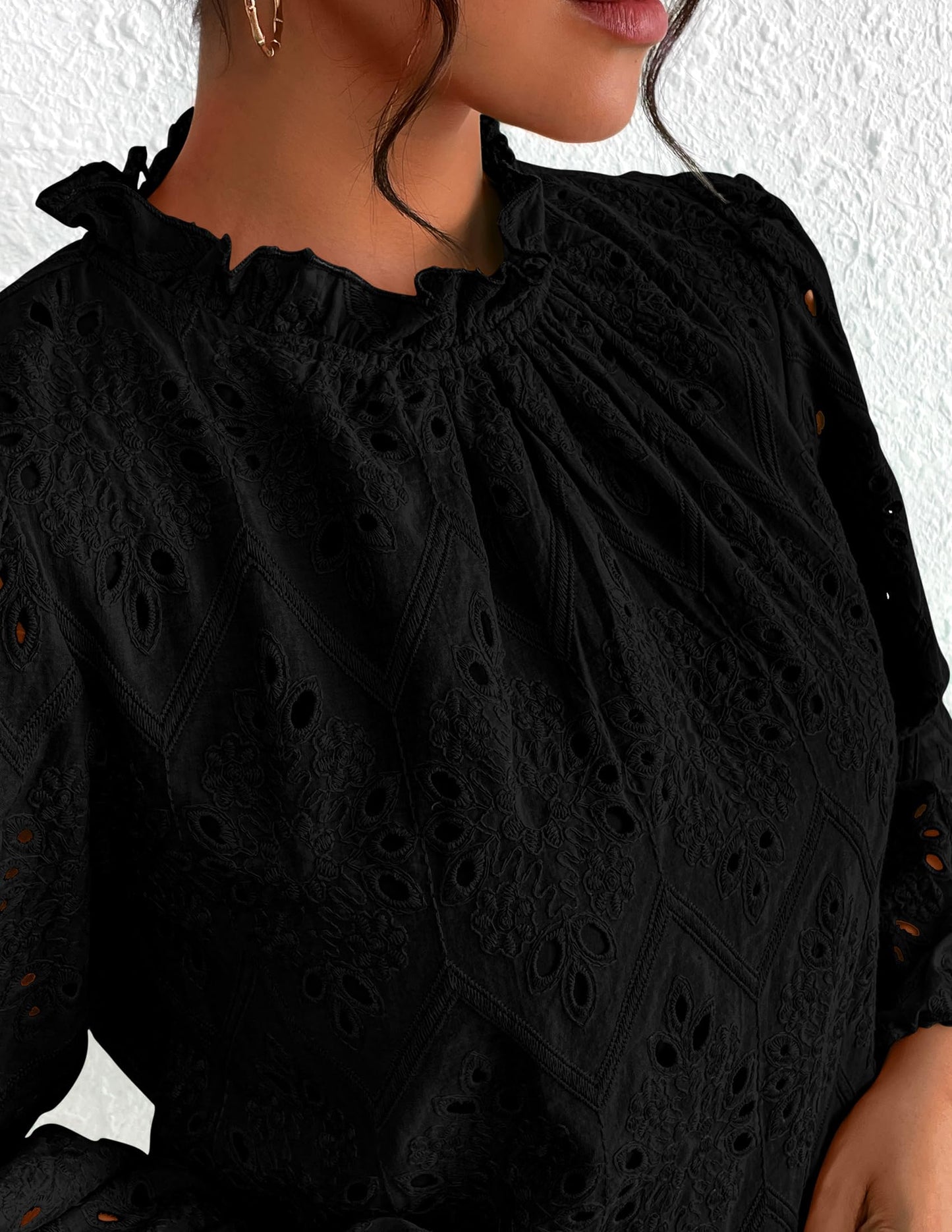 Women’s Blouses Dressy Casual Embroidered Long Puff Sleeve Shirts Ruffle Eyelet Lace Top