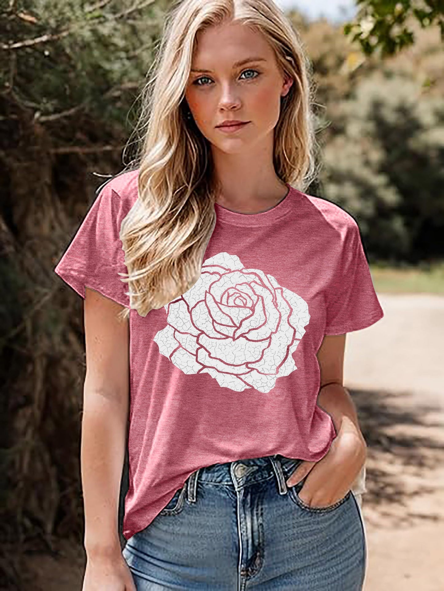 Rose Shirt for Women Flower Graphic Tee Vintage Roses T Shirts Women Loose Fit Rose Tops Short Sleeve