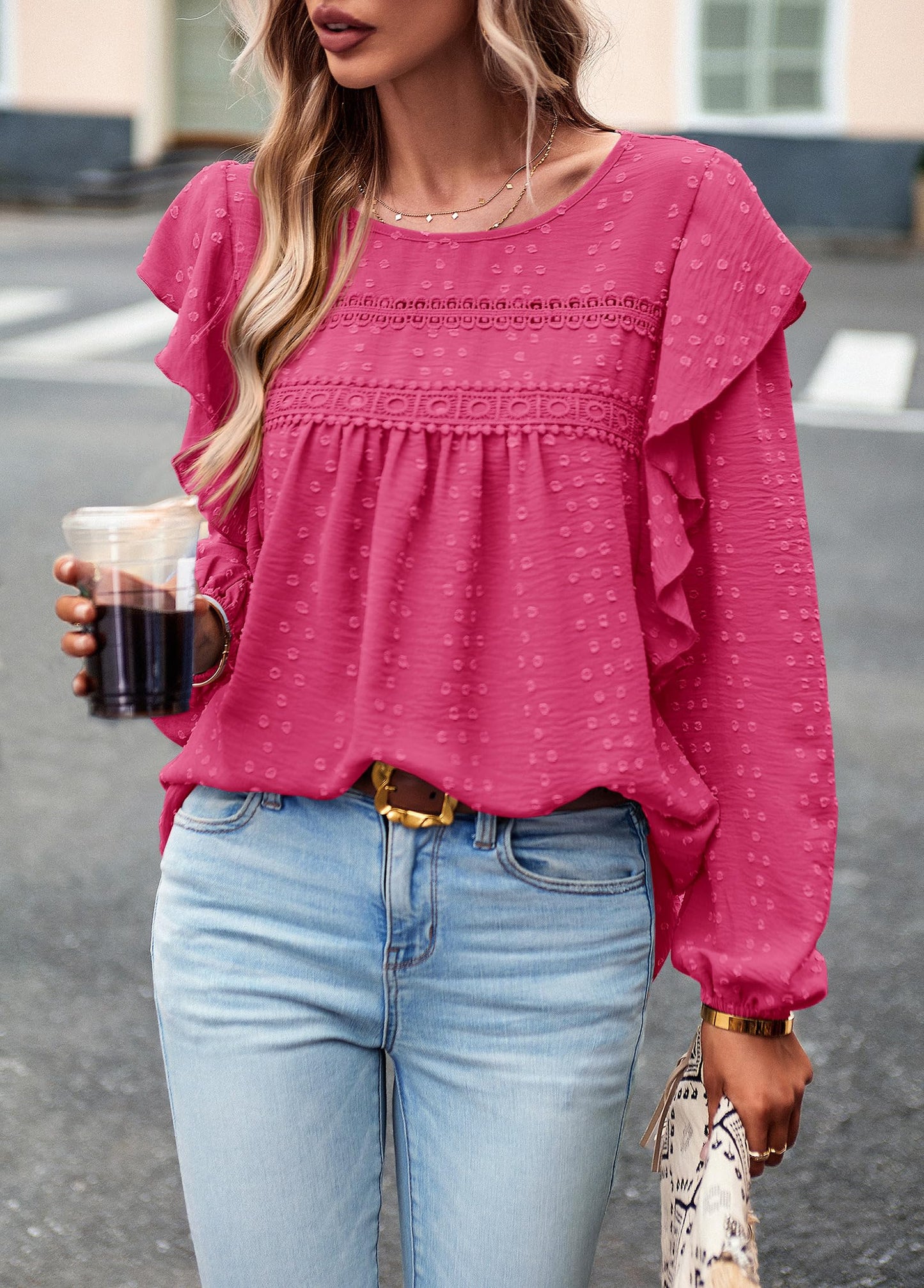 Women's Long Sleeve Blouses Ruffle Swiss Dot Crochet Loose Fit