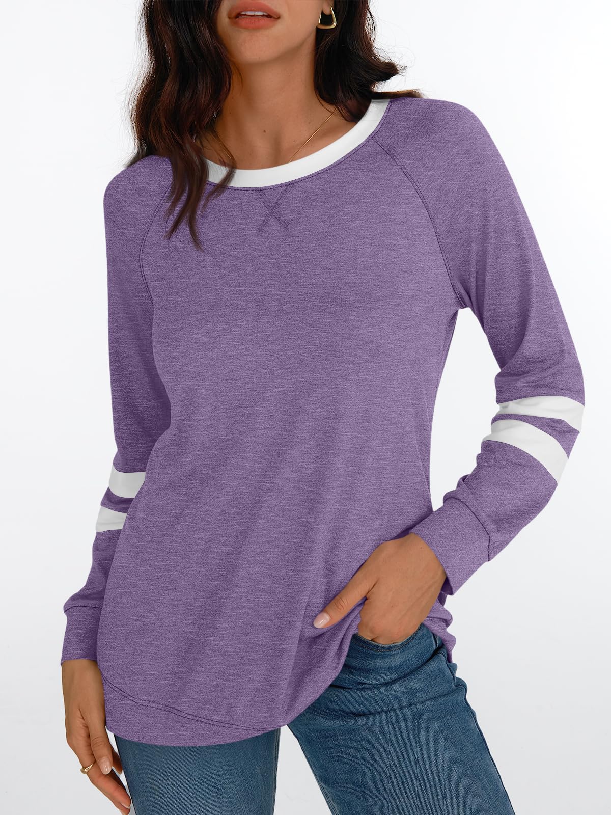 Womens Long Sleeve Shirts Color Block Casual Crewneck Tops Tshirt Basic Tees Fashion Clothes Trendy Outfits