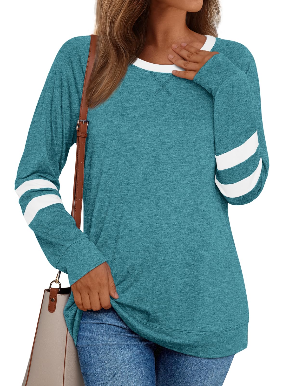Womens Long Sleeve Shirts Color Block Casual Crewneck Tops Tshirt Basic Tees Fashion Clothes Trendy Outfits