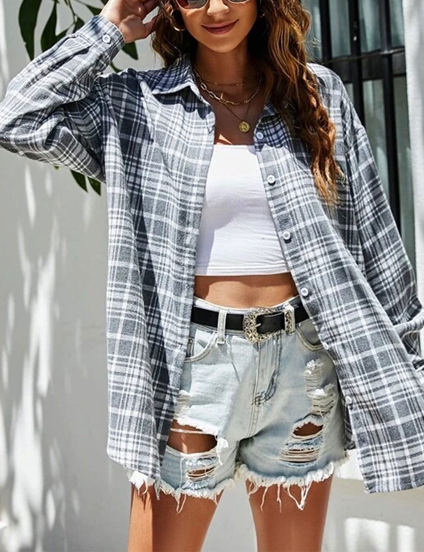 Plaid Flannel Shirts for Women Oversized Long Sleeve Button Down Buffalo Plaid Shirt Blouse Tops