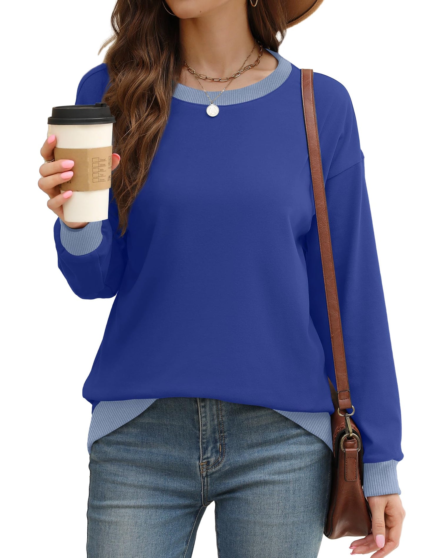 Sweatshirts for Women Crewneck Long Sleeve Loose Fit Tops Color Block Ribbed Trim Fashion
