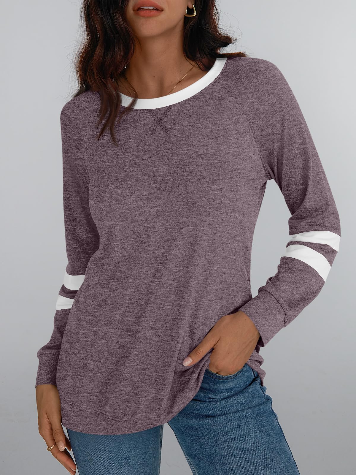 Womens Long Sleeve Shirts Color Block Casual Crewneck Tops Tshirt