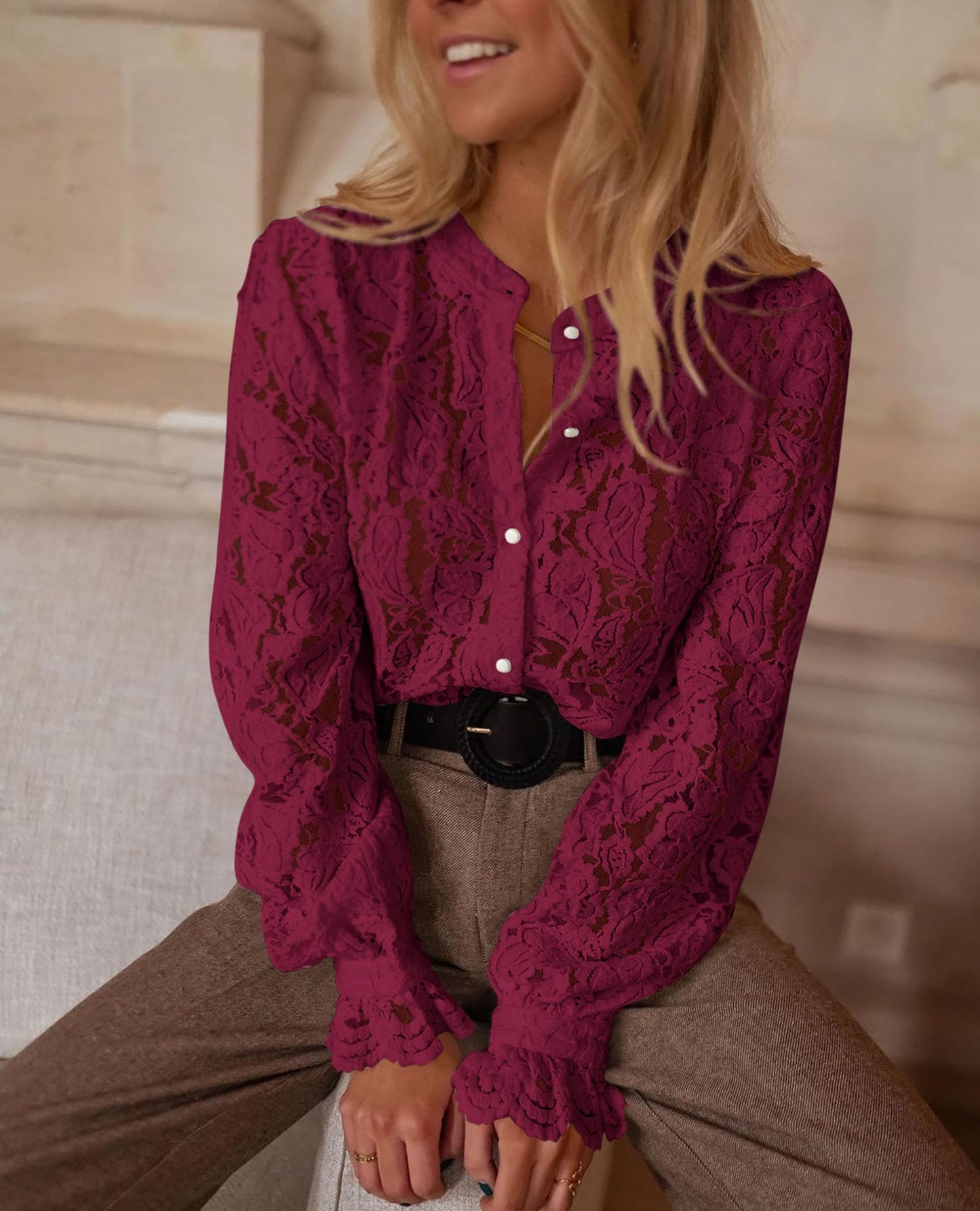 Women's Dressy Casual Lace Blouse Long Sleeve Button Up Shirts Tops
