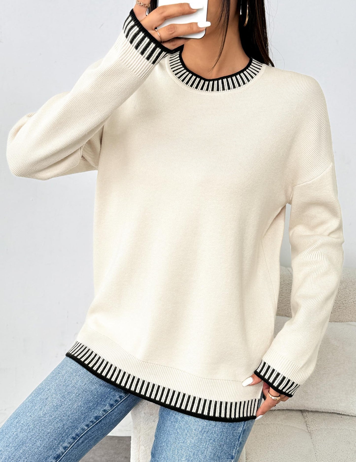 Womens Crewneck Pullover Sweater Long Sleeve Knit Side Slit