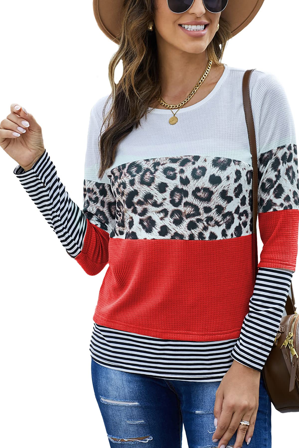 Womens Color Block Loose Long/Short Sleeve T Shirts Casual Comfy Tops