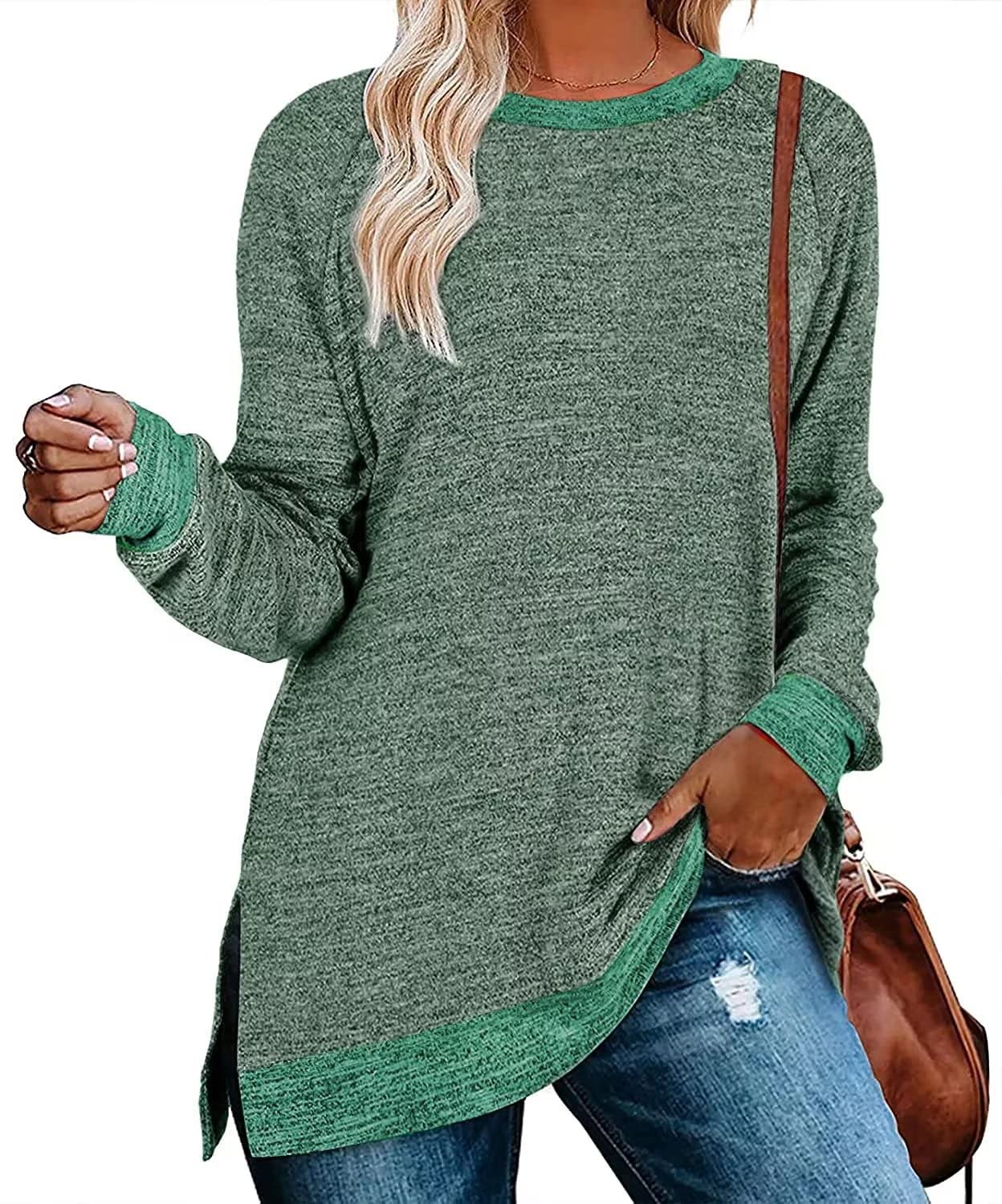 Womens Crewneck Pullovers Color Block Long Sleeve Side Split Tunic Tops