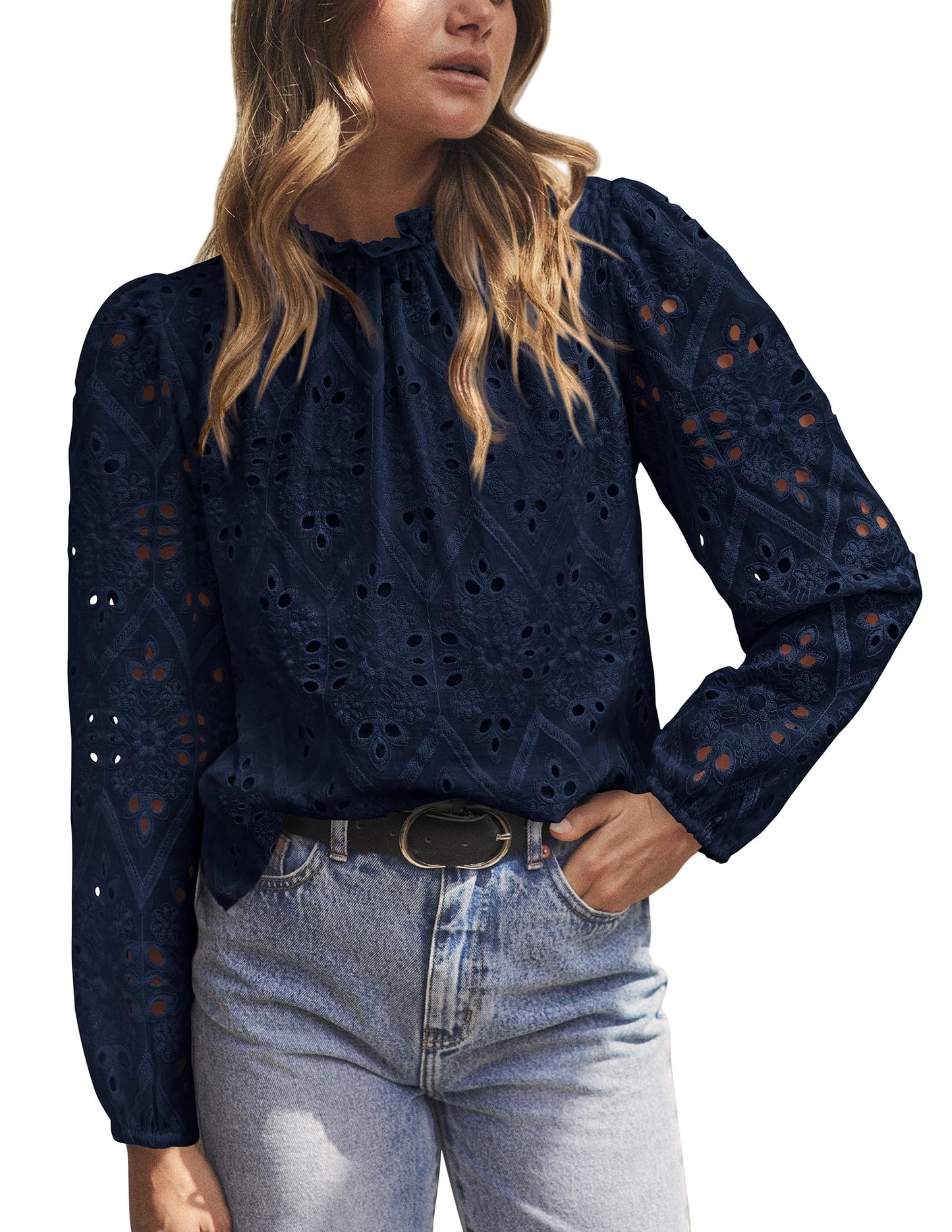 Women’s Blouses Dressy Casual Embroidered Long Puff Sleeve Shirts Ruffle Eyelet Lace Top