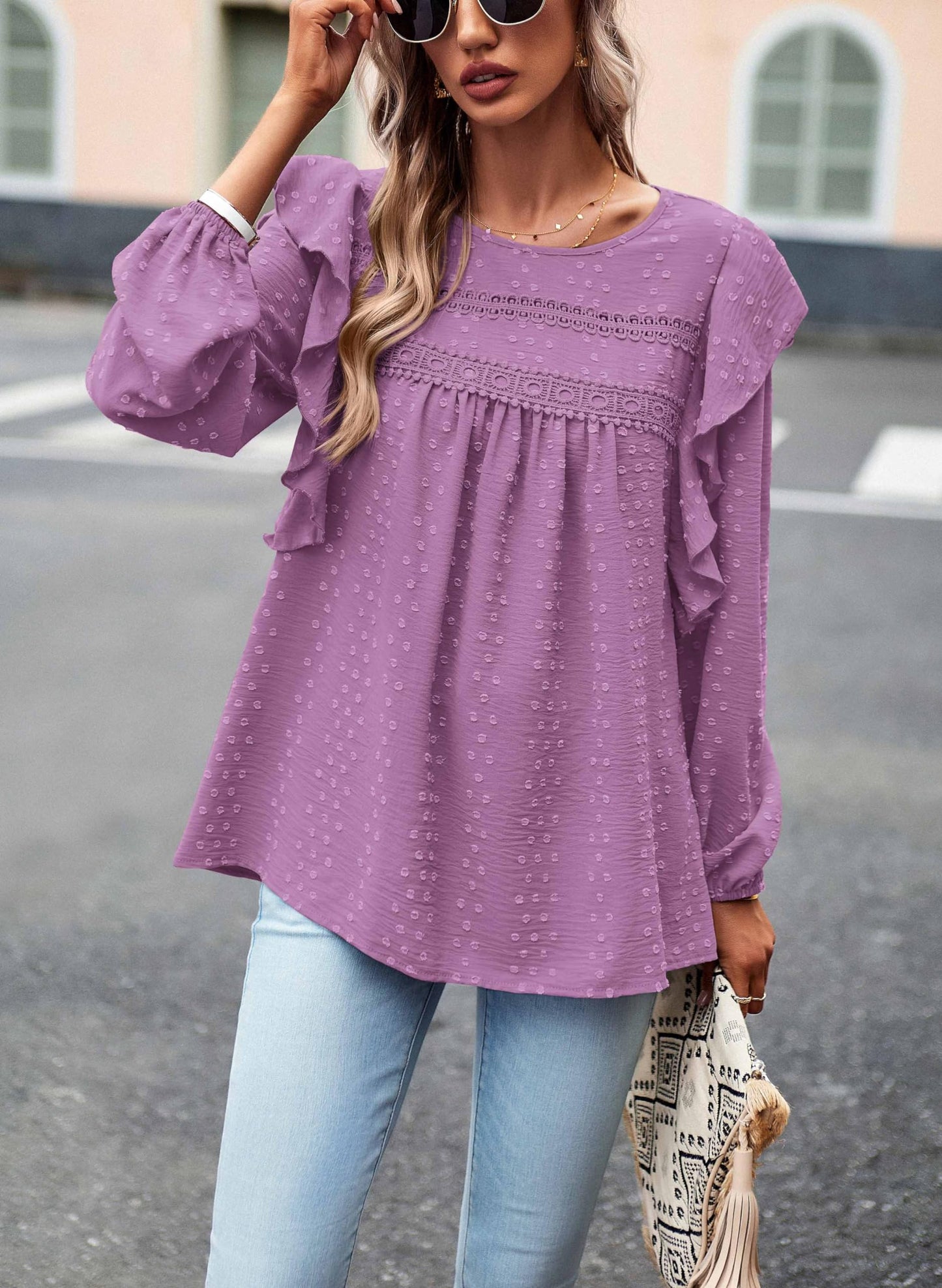 Women's Long Sleeve Blouses Ruffle Swiss Dot Crochet Loose Fit