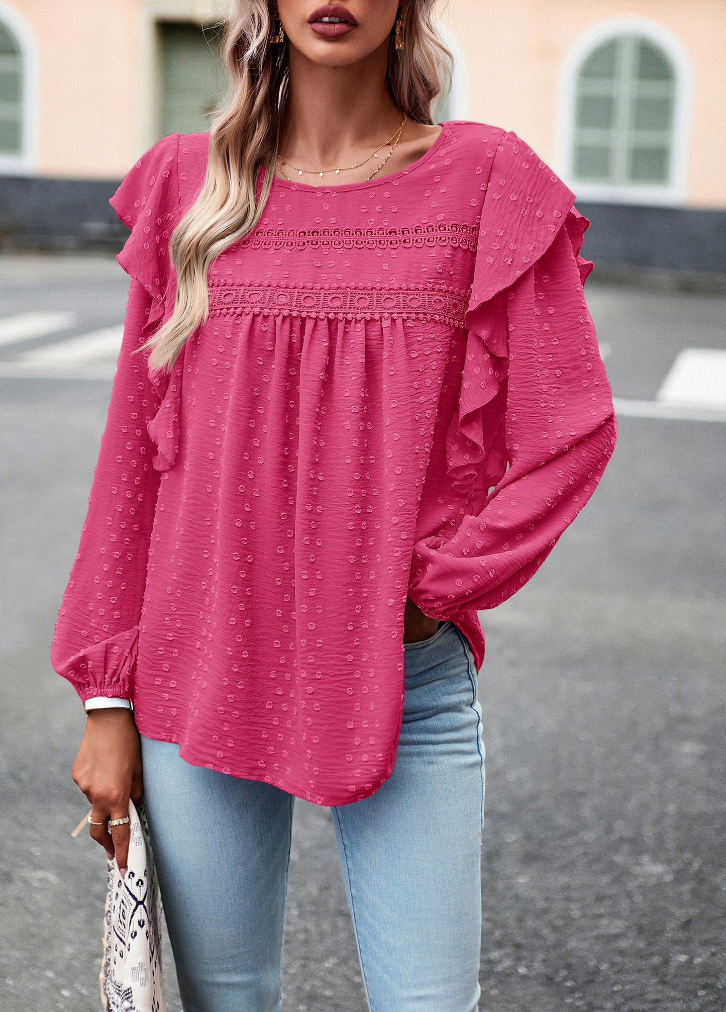 Women's Long Sleeve Blouses Ruffle Swiss Dot Crochet Loose Fit