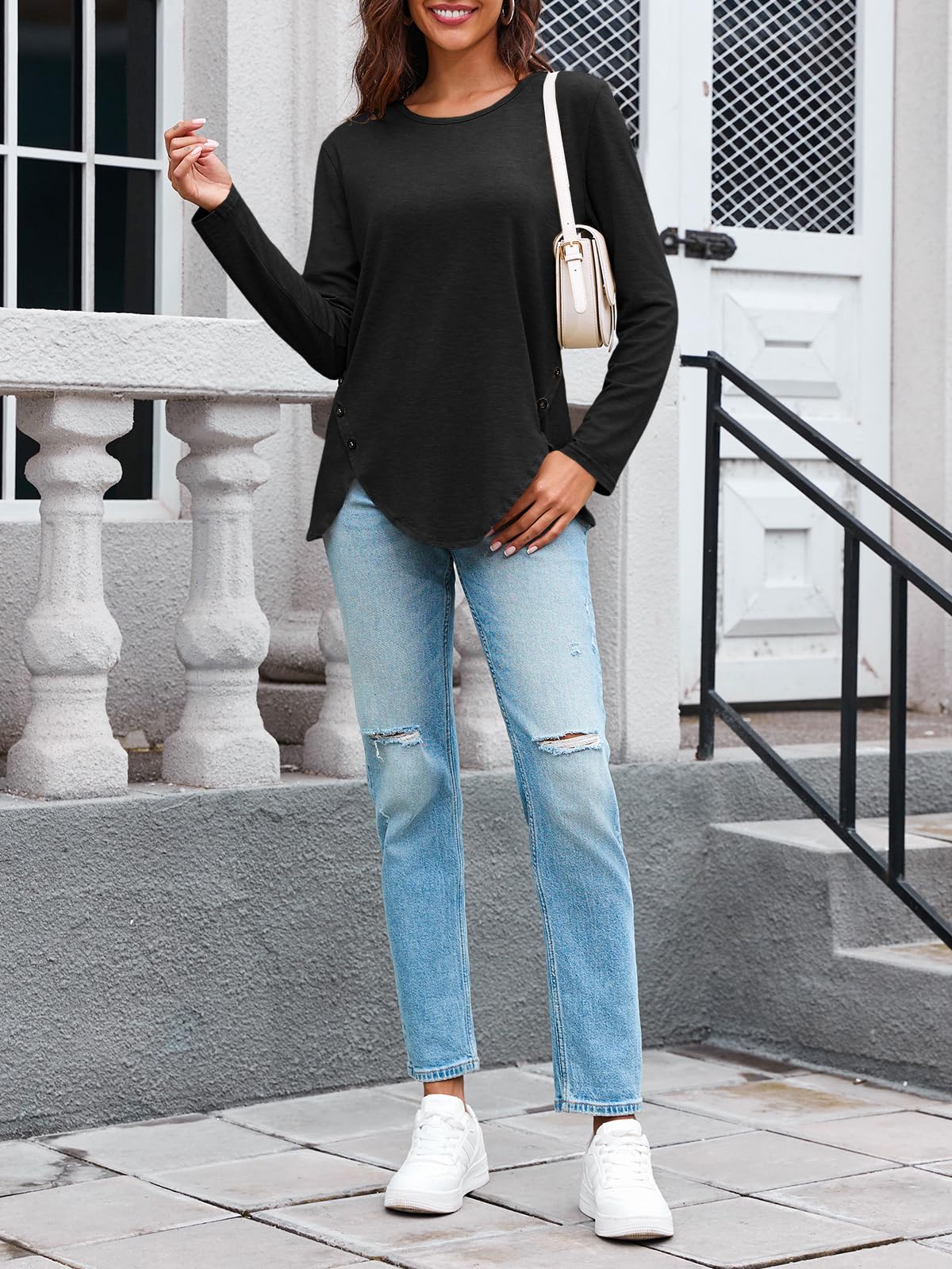 Womens Casual Long Sleeve Tunic Shirts Round Neck Button Side Blouses Tops