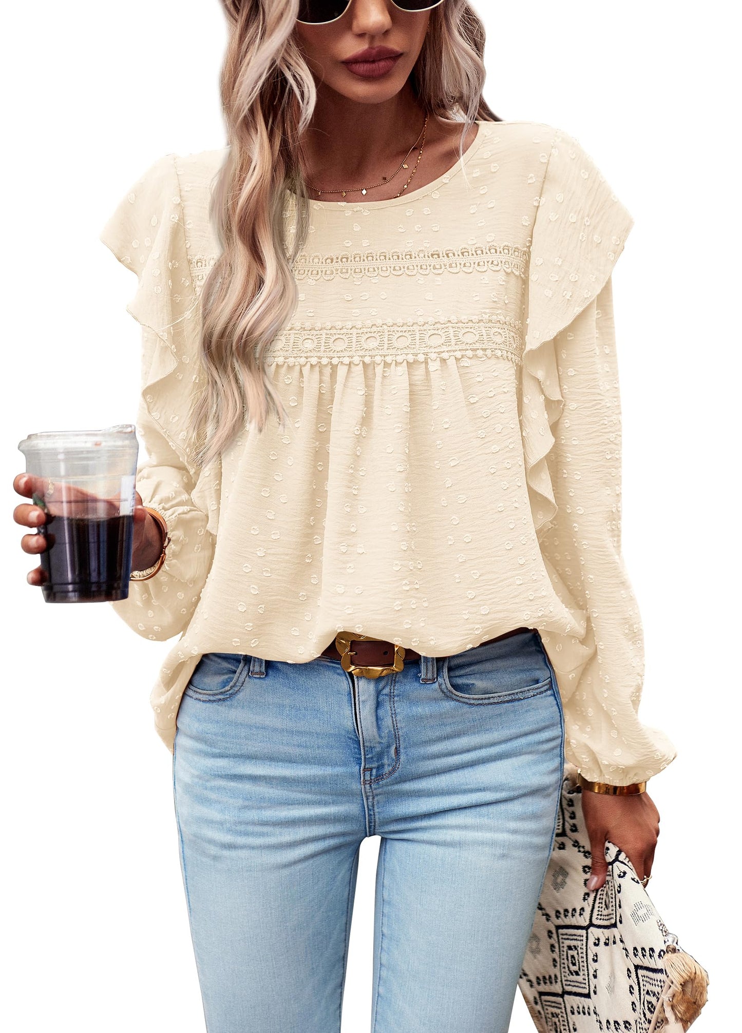 Women's Long Sleeve Blouses Ruffle Swiss Dot Crochet Loose Fit