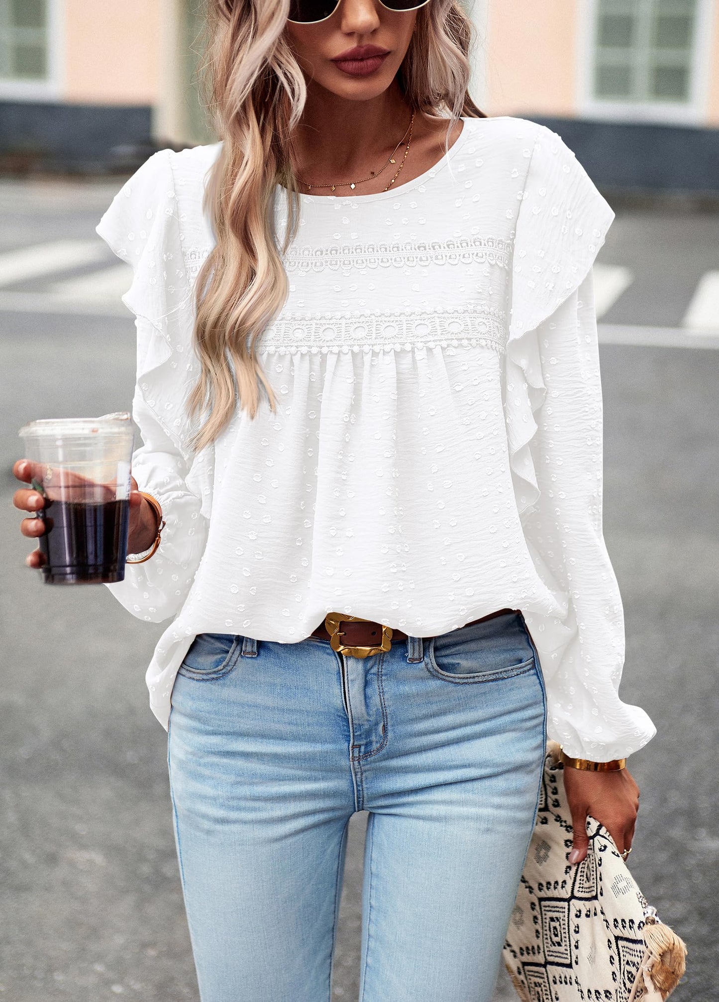 Women's Long Sleeve Blouses Ruffle Swiss Dot Crochet Loose Fit