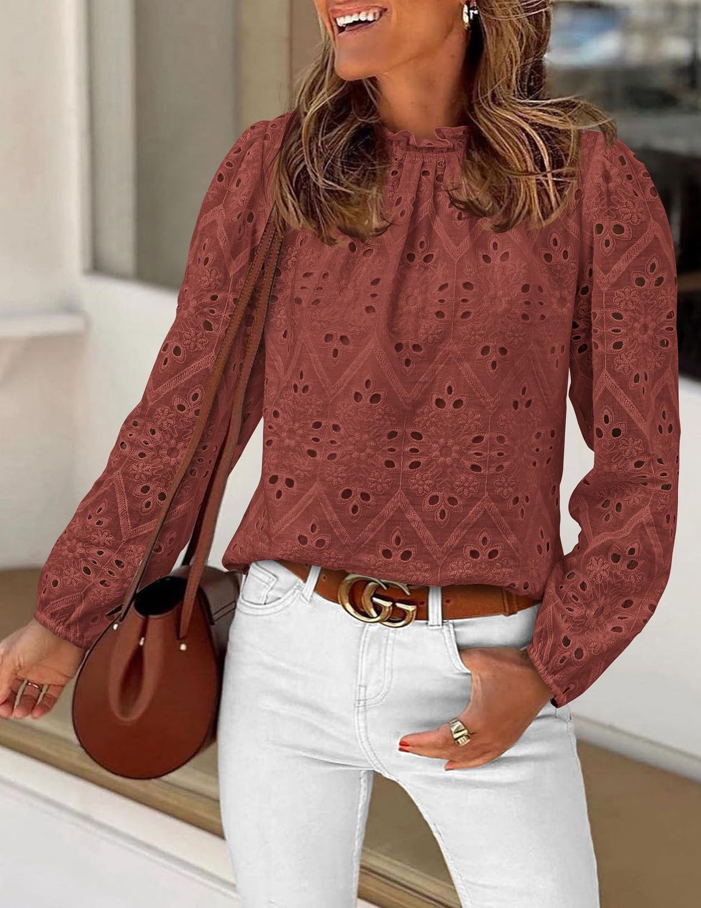 Women’s Blouses Dressy Casual Embroidered Long Puff Sleeve Shirts Ruffle Eyelet Lace Top