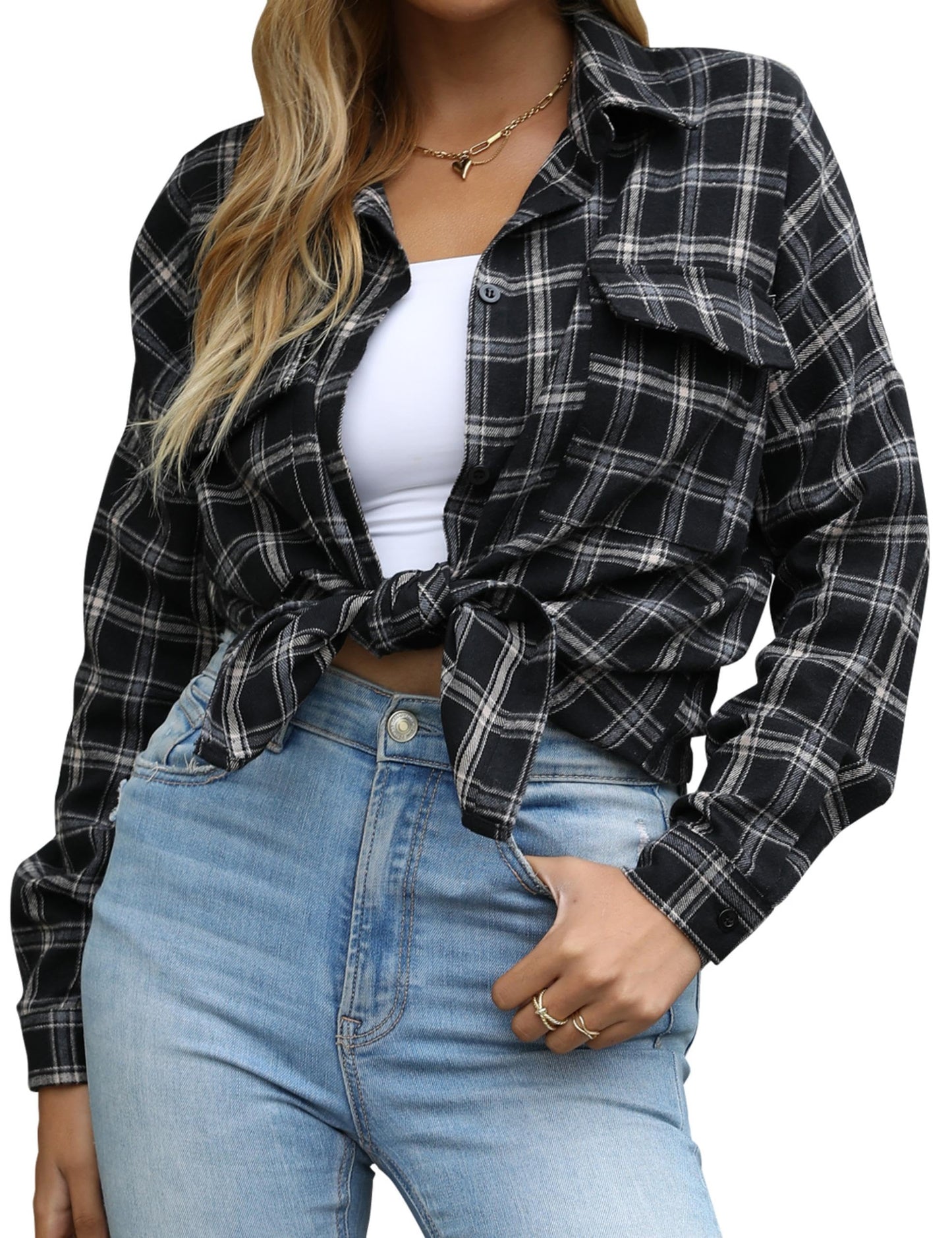 Women's Button Down Flannel Shirts Plaid Shacket Long Sleeve Collared Business Casual Tops Work Blouses